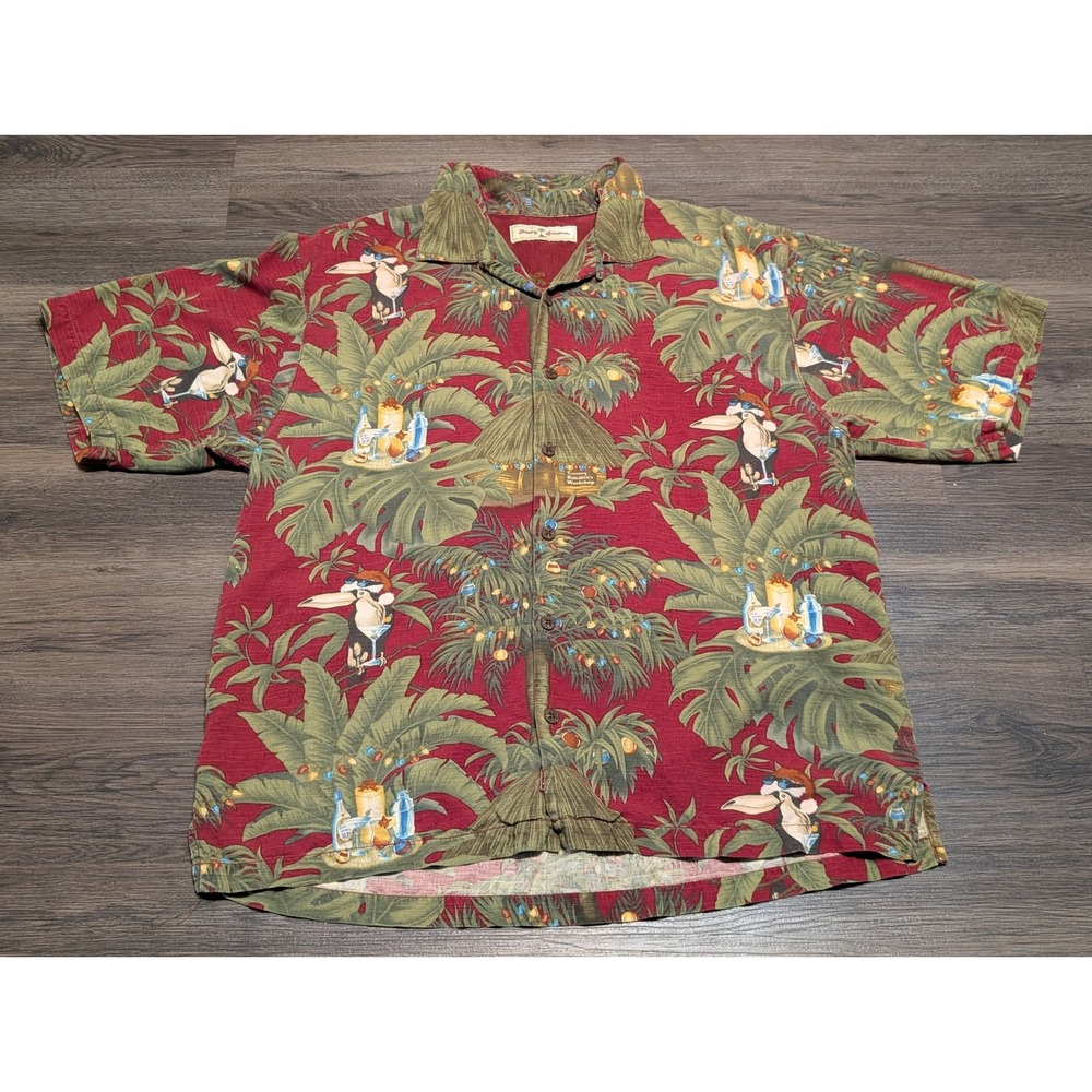 Tommy Bahama Mens Large Silk Hawaiian Shirt Toucan Tiki Hut Burgundy Red